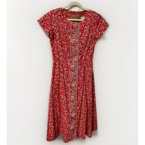 Vintage Liz Claiborne Dress Womens 6 Red Floral Folk Boho Cottagecore Button Up
